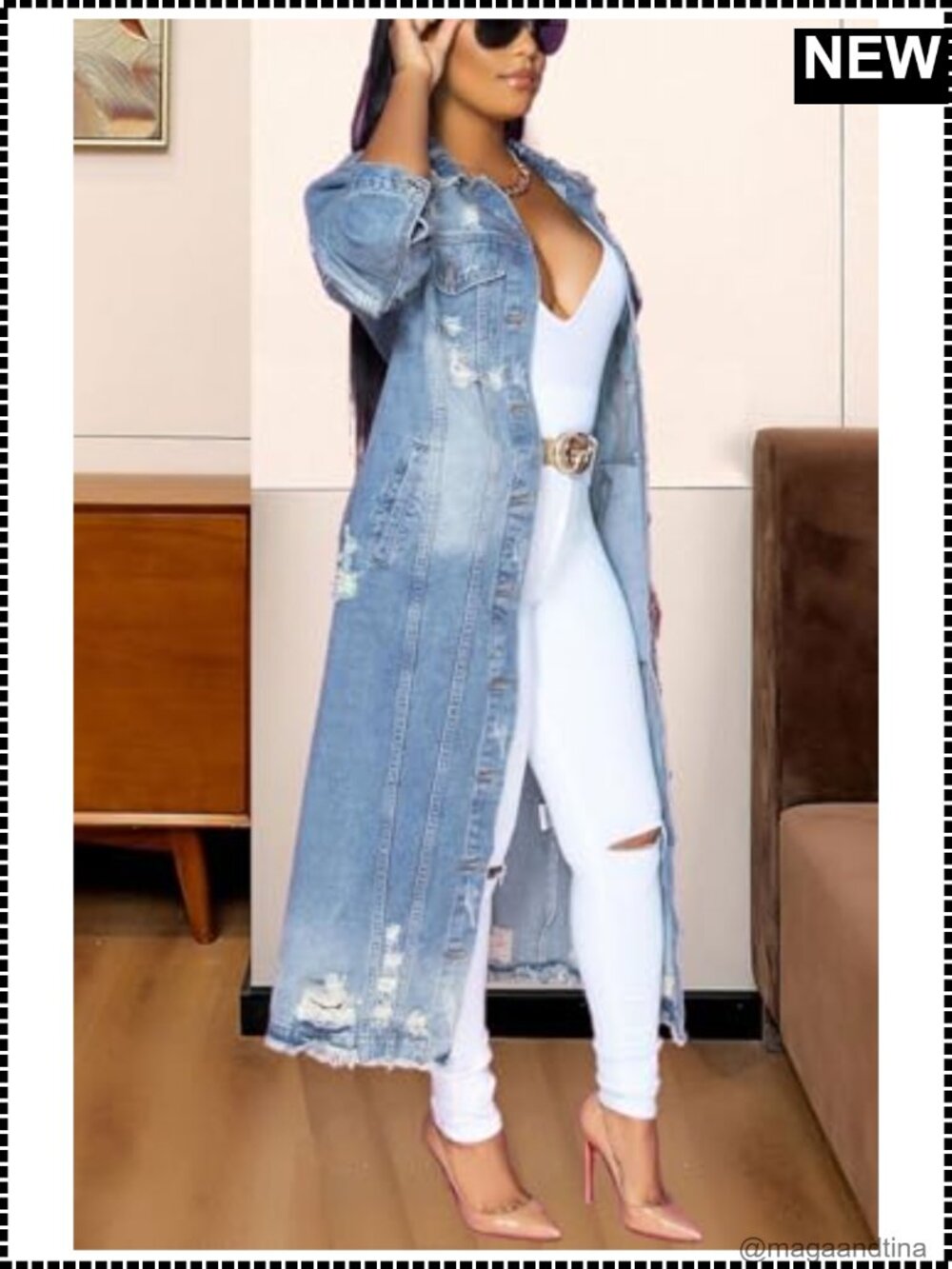 Ripped Maxi Long Denim Jacket Trench Coat Lightweight Faded Wash